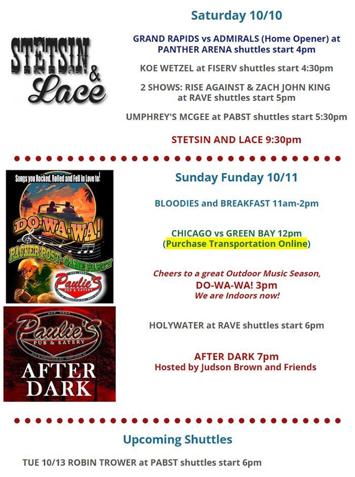 Stetsin & Lace event flyer with Saturday and Sunday schedule, band names, and performance times.