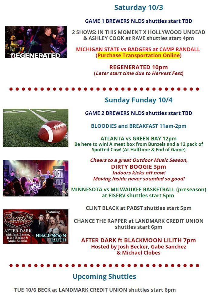 Weekly school events flyer with Saturday and Sunday schedules, sports, breakfast, chapel, and shuttle times