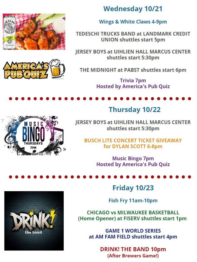 Weekly bar and restaurant event flyer with trivia, bingo, and music bingo