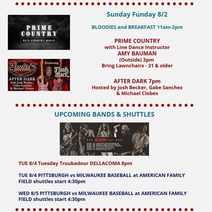 Prime Country concert flyer listing Sunday Funday, upcoming bands, and shuttle details in blue and red text.