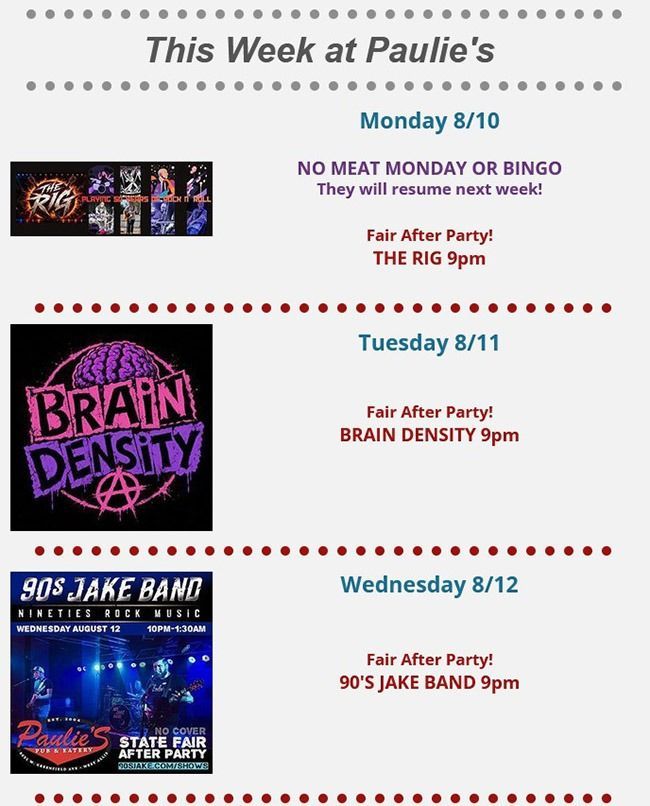 Weekly event flyer for Paulie’s