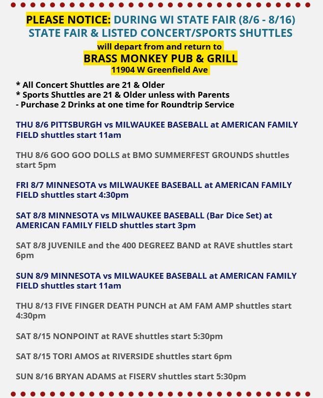 Event flyer listing Milwaukee Brewers shuttle bus schedules and parking info for State Fair week 8/6-8/16.