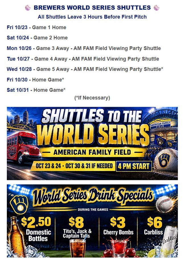 Flyer for World Series shuttle service, drink specials, and schedule