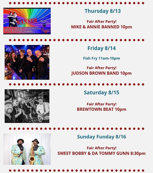 Flyer with four event listings and artist photos for Thursday 8/13 through Sunday 8/16