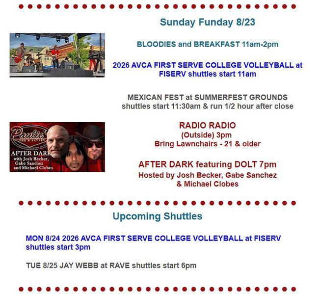 Event flyer for Sunday Funday 8/23 with basketball, radio, and shuttle schedule details