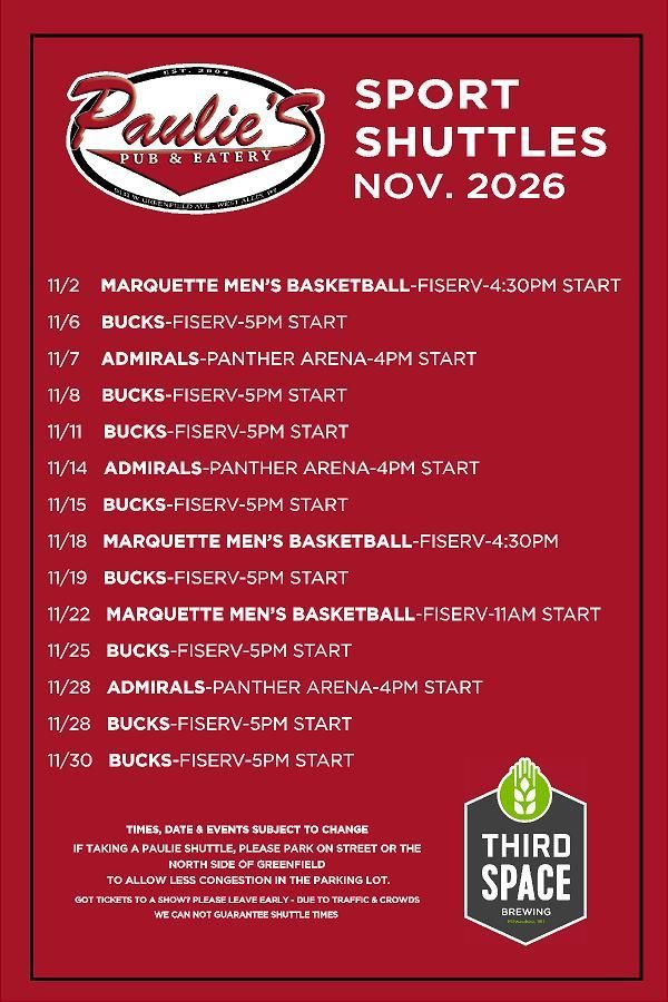Red Paulie’s Sport Shuttles schedule poster with white event listings and Third Space logo, Nov. 2026