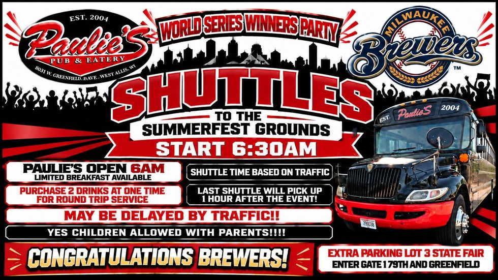 Red and black shuttle bus ad for Brewers World Series home opener, starting at 6:30 AM with parking info