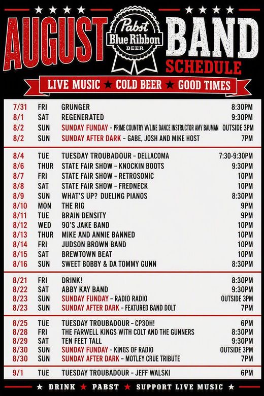 August band schedule poster with red, black, and white text listing live music dates and times.