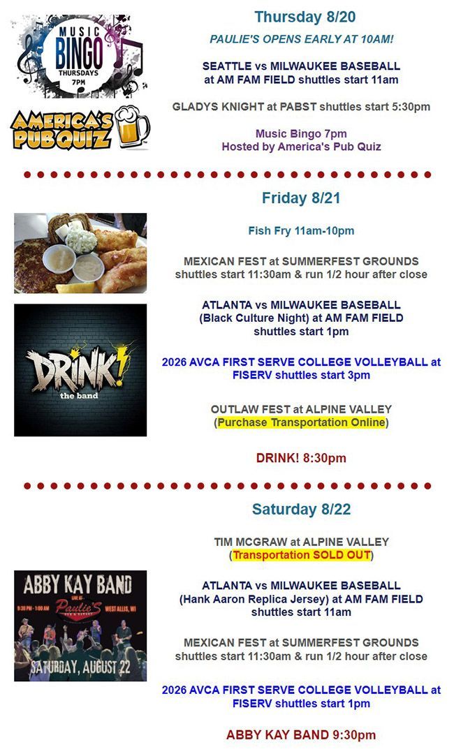 Paulie’s Pub & Eatery event schedule for August 20-22, featuring Music Bingo, Fish Fry, live bands, sports events, and other activities.