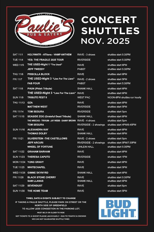 Paulie's Concert Shuttles Nov. 2025 schedule poster with Bud Light logo on black background