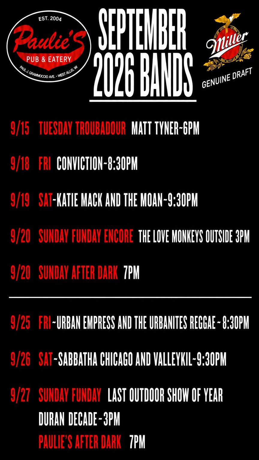 September 2026 bands schedule poster with black background, red dates, and White Mountain artwork/logo.
