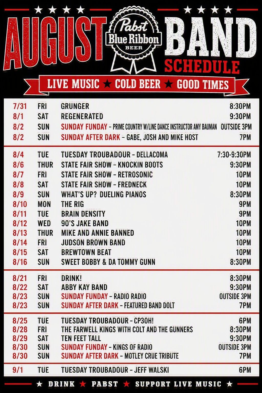 August band schedule poster with dates, song list, and times in red, black, and white.