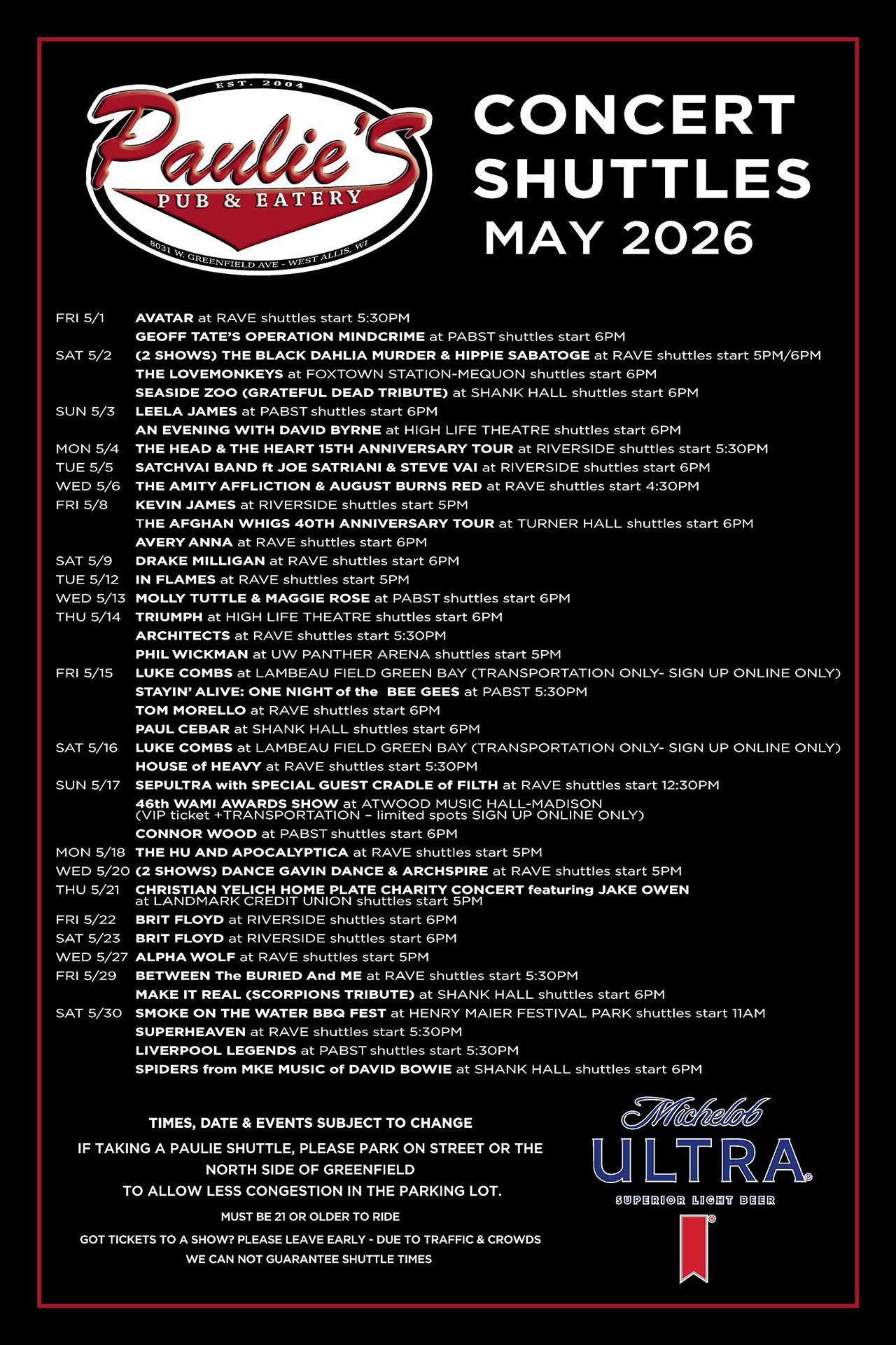 Paulis Concert Shuttles May 2026 schedule poster, black background with red and white text and logo.
