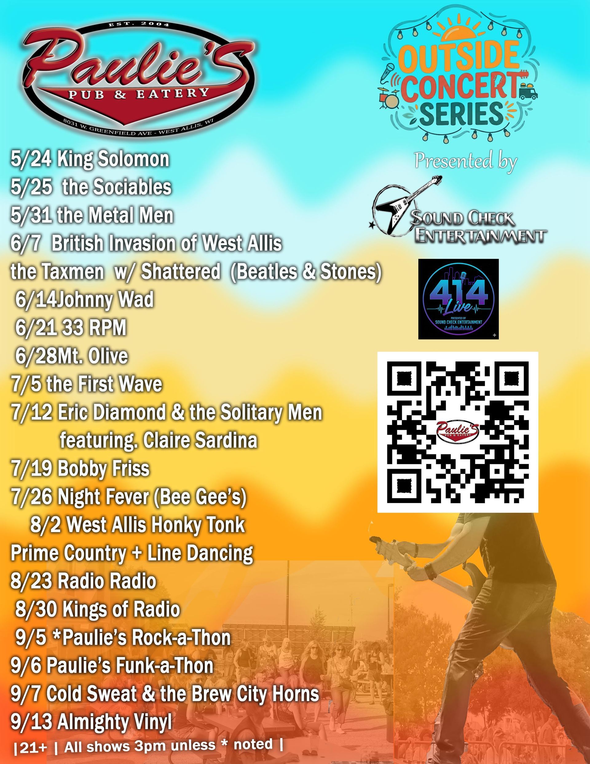 Concert schedule for Paulie's Pub & Eatery Outside Concert Series listing bands and dates from May 24 to September 13.