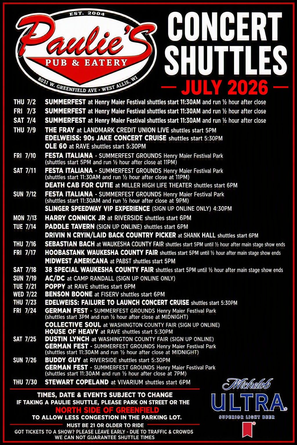 Paulie’s Concert Shuttles July 2026 schedule poster