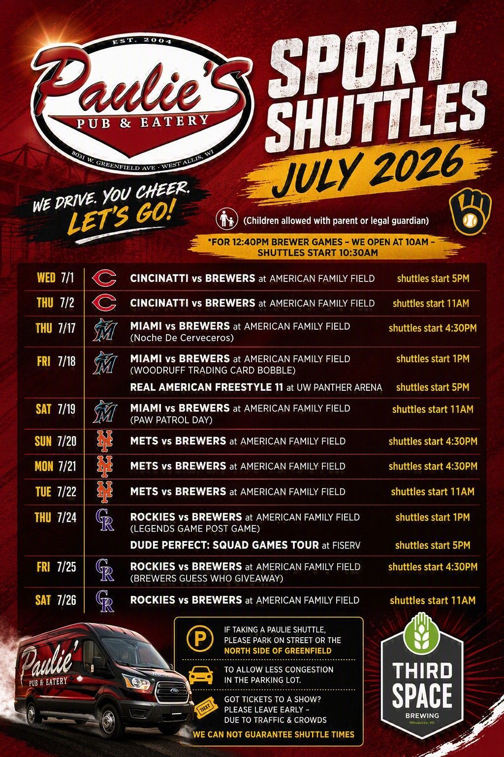 Paulie’s Sport Shuttles July 2026 schedule poster with route times