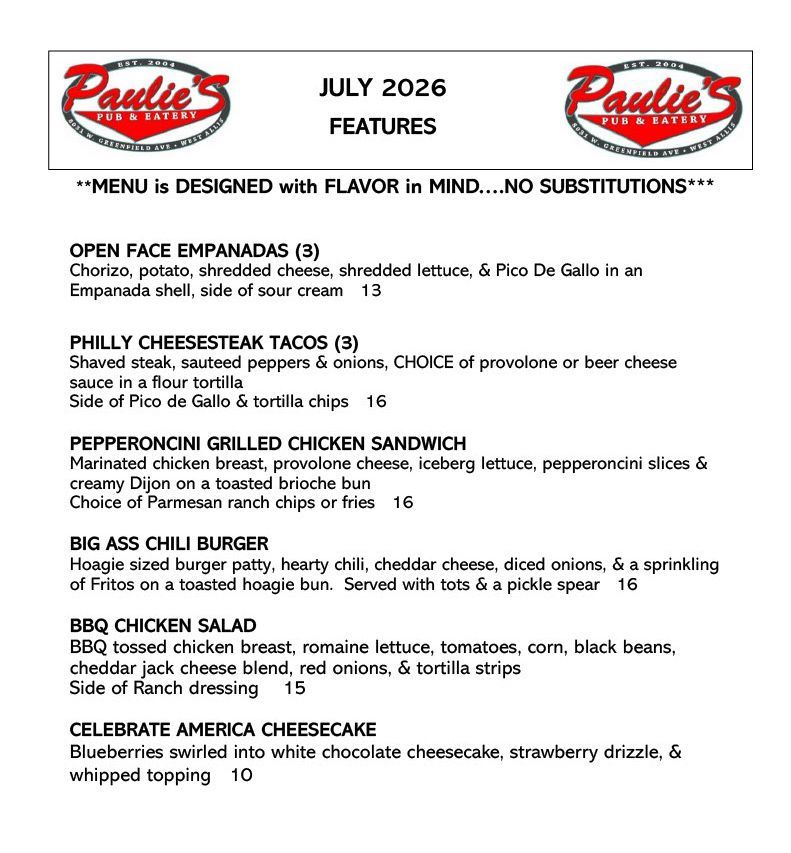 July 2026, Paulie's Pub & Eatery menu