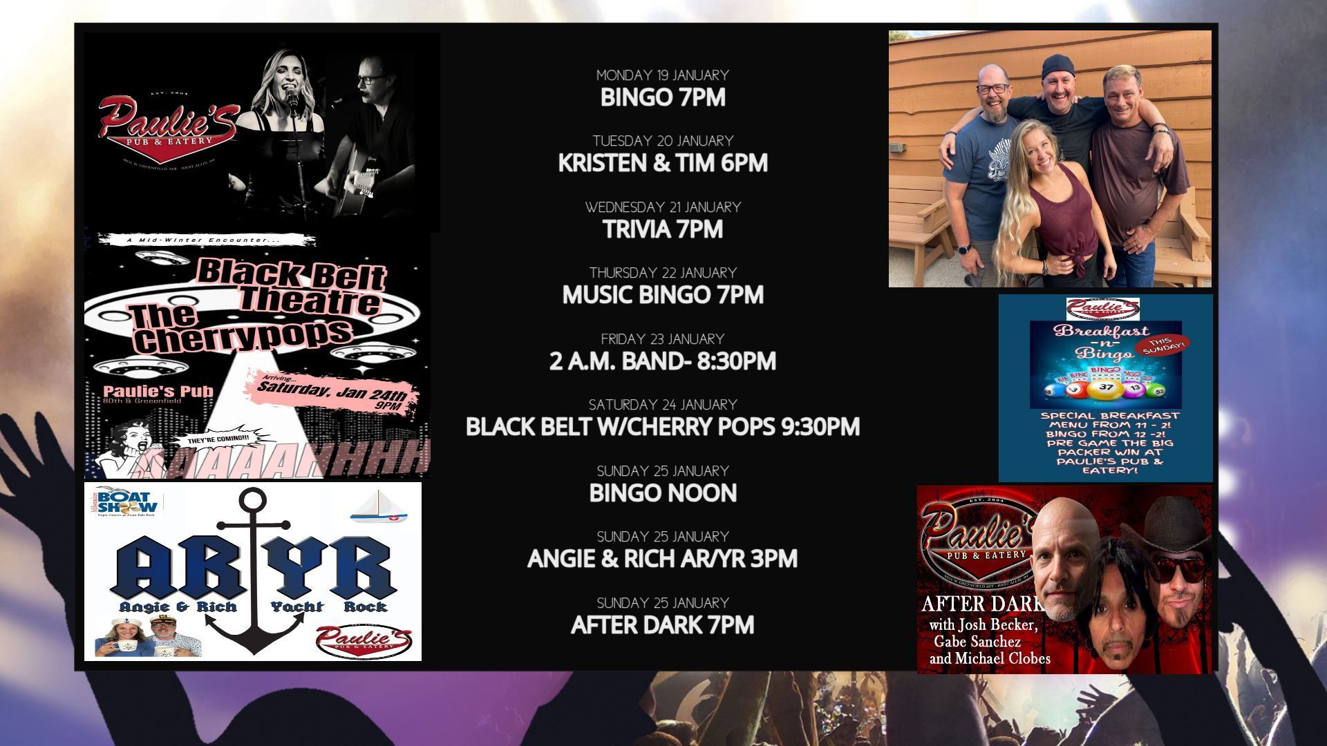 Event posters advertising live music, bingo, and other activities at several venues.