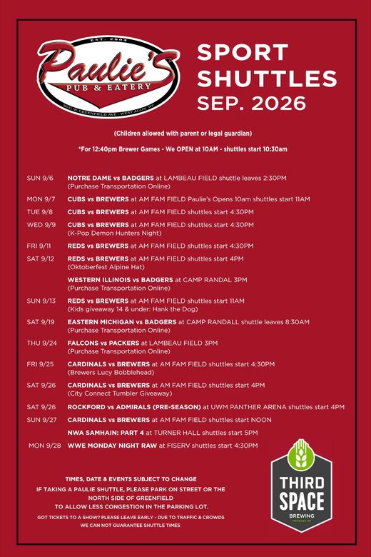 Paulie’s Concert Shuttles July 2026 schedule poster with red, black, and white text and brewery logo