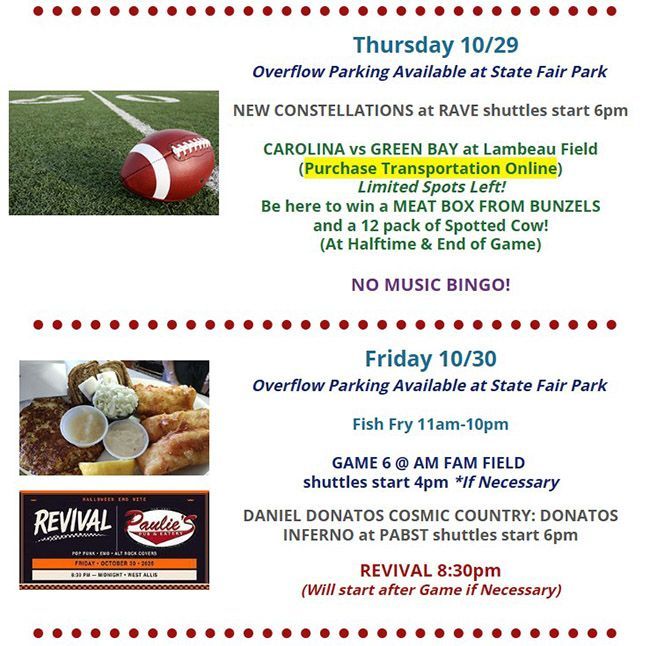 Weekly bar and restaurant event flyer with trivia, bingo, and music bingo
