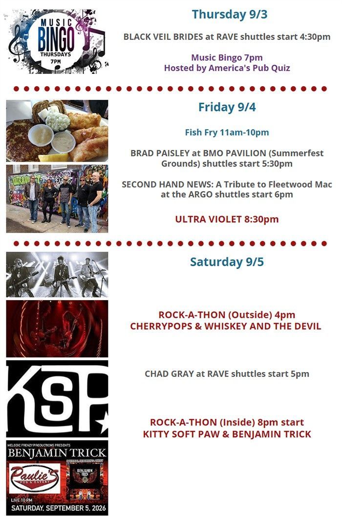 Paulie’s Pub & Eatery event schedule for August 20-22, featuring Music Bingo, Fish Fry, live bands, sports events, and other activities.