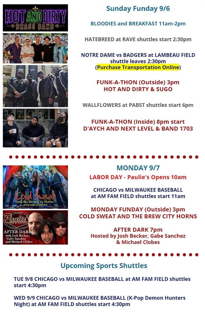 Event flyer for Sunday Funday 8/23 with basketball, radio, and shuttle schedule details