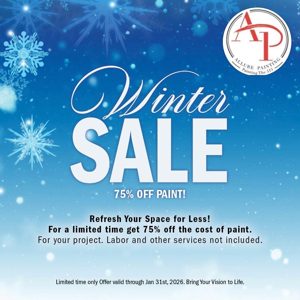 Winter sale advertisement with blue background and snowflakes. 75% off paint.