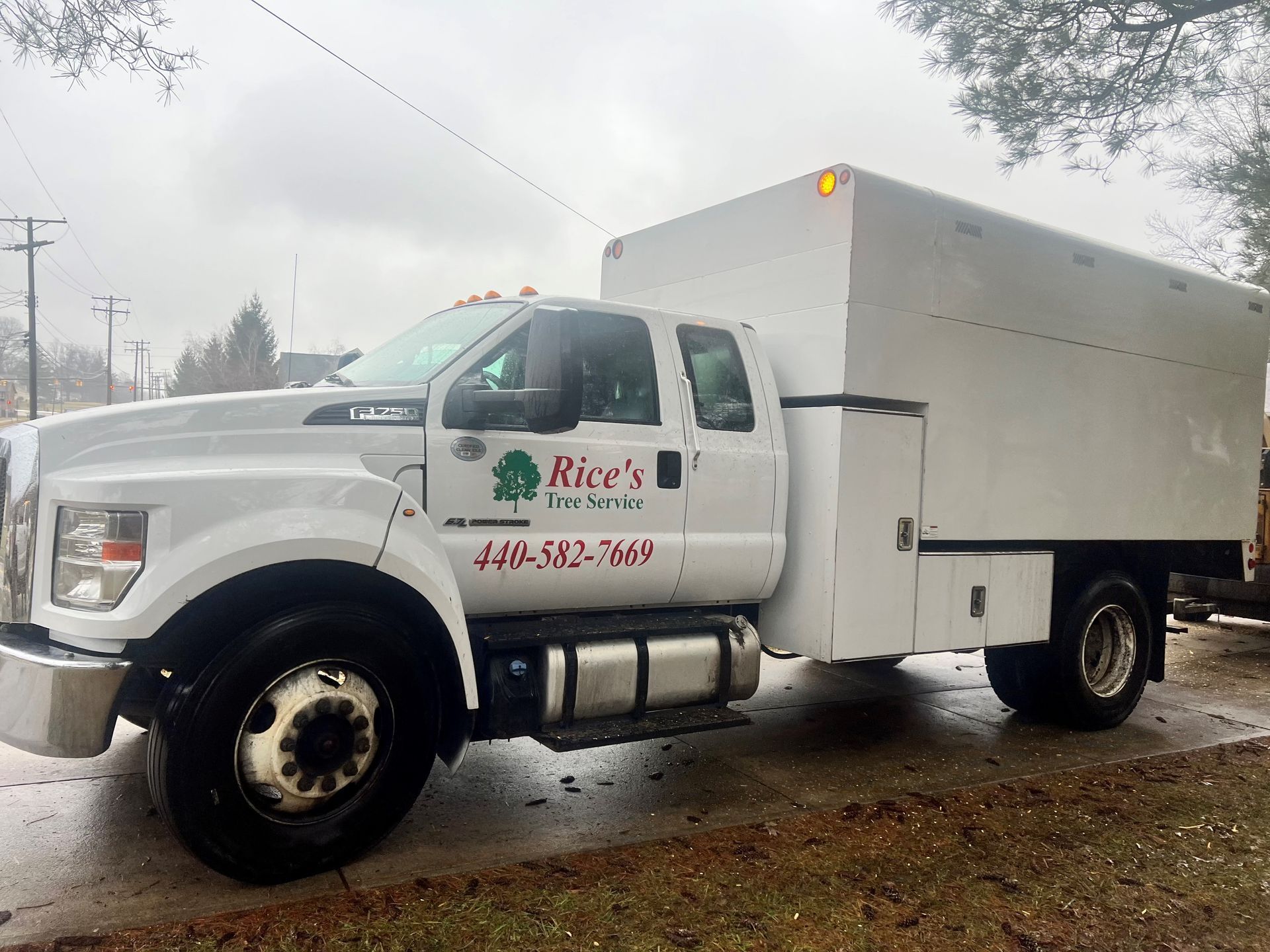 a white truck with the word rice 's on the side is parked in the rain .