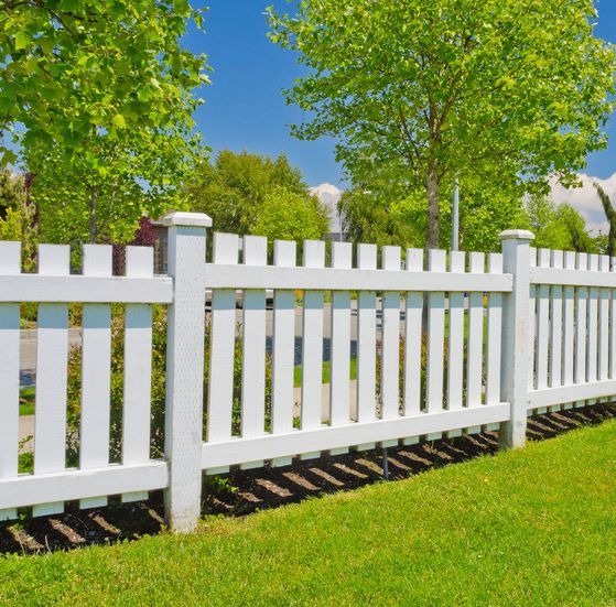 a white picket fence surrounds a lush green field .