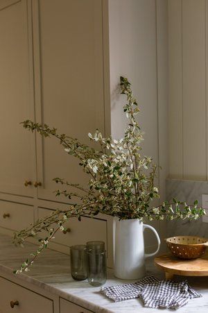 A white pitcher filled with flowers is sitting on a kitchen counter.