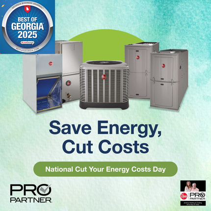 HVAC units and Best of Georgia award, tagline: Save Energy, Cut Costs. Featuring Rheem HVAC units.