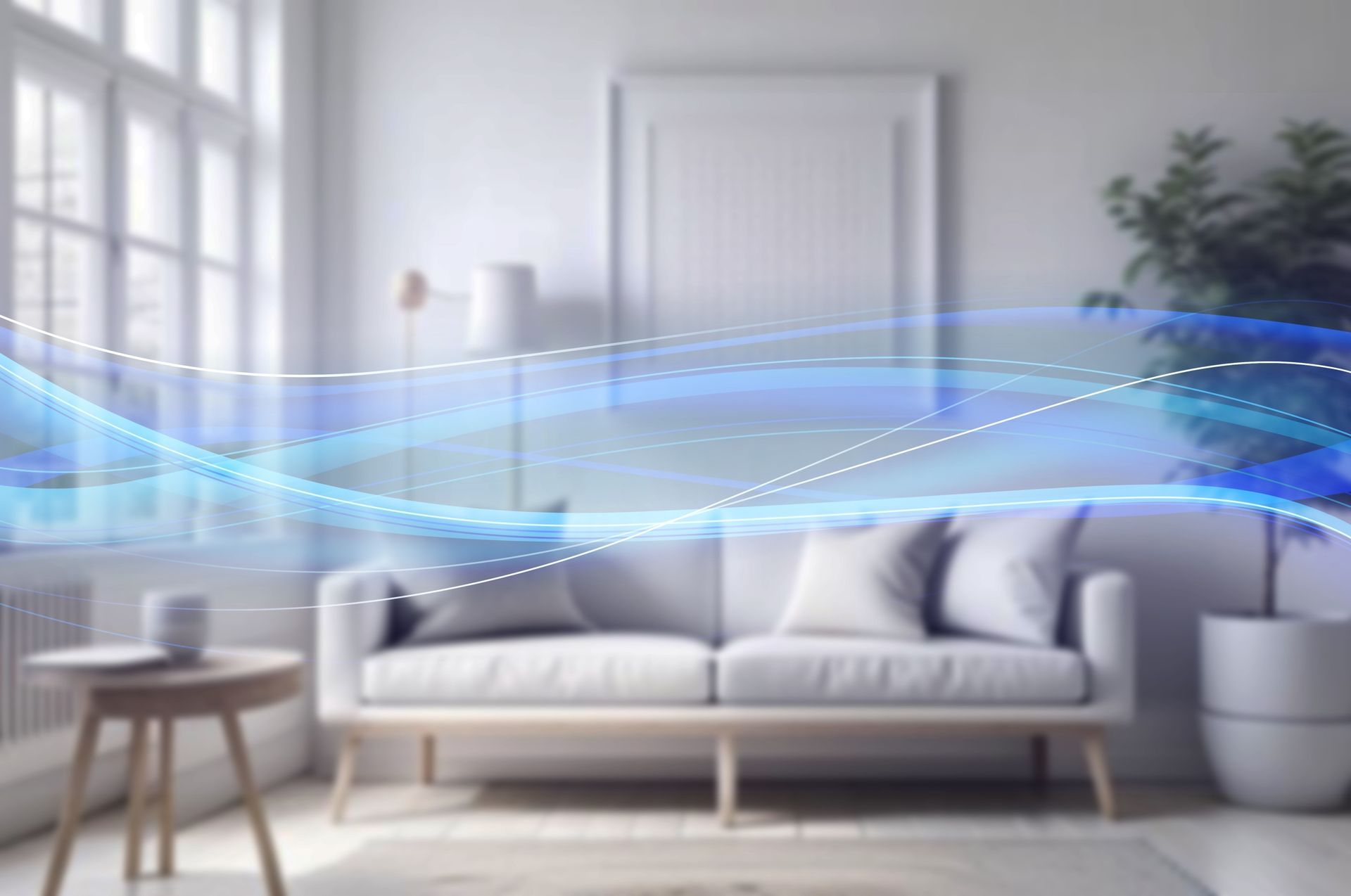 White air purifier blowing air in a child's bedroom with a bed and a teddy bear.