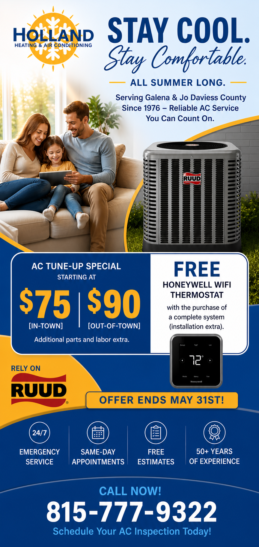 Holland Heating & Cooling ad with family on couch, HVAC unit, and bold offer for free furnace with install.