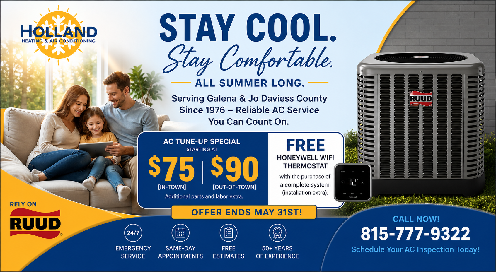HVAC ad with family on sofa, Stay cool offer, RUUD unit, and $75/$90 pricing from Holland Heating & Cooling