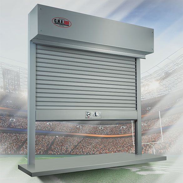 a picture of a roller shutter with a stadium in the background