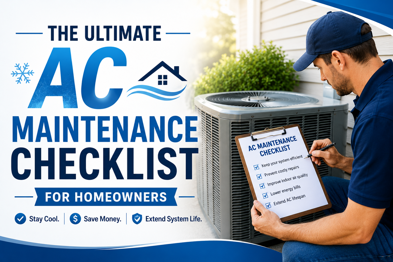 AC maintenance checklist graphic with technician inspecting an outdoor unit beside bold blue text.