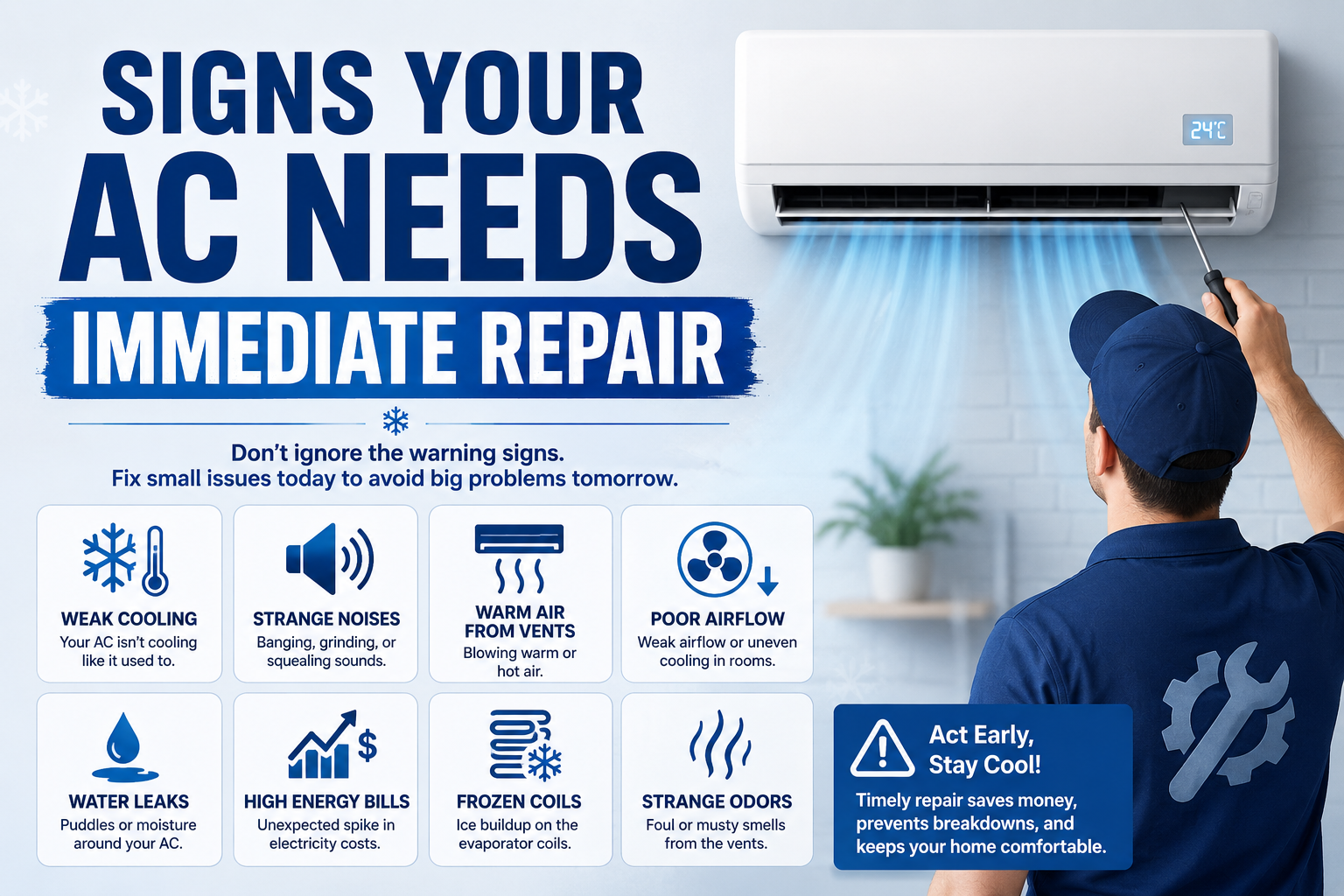Infographic on signs your AC needs immediate repair, with technician pointing at wall unit and warning icons.