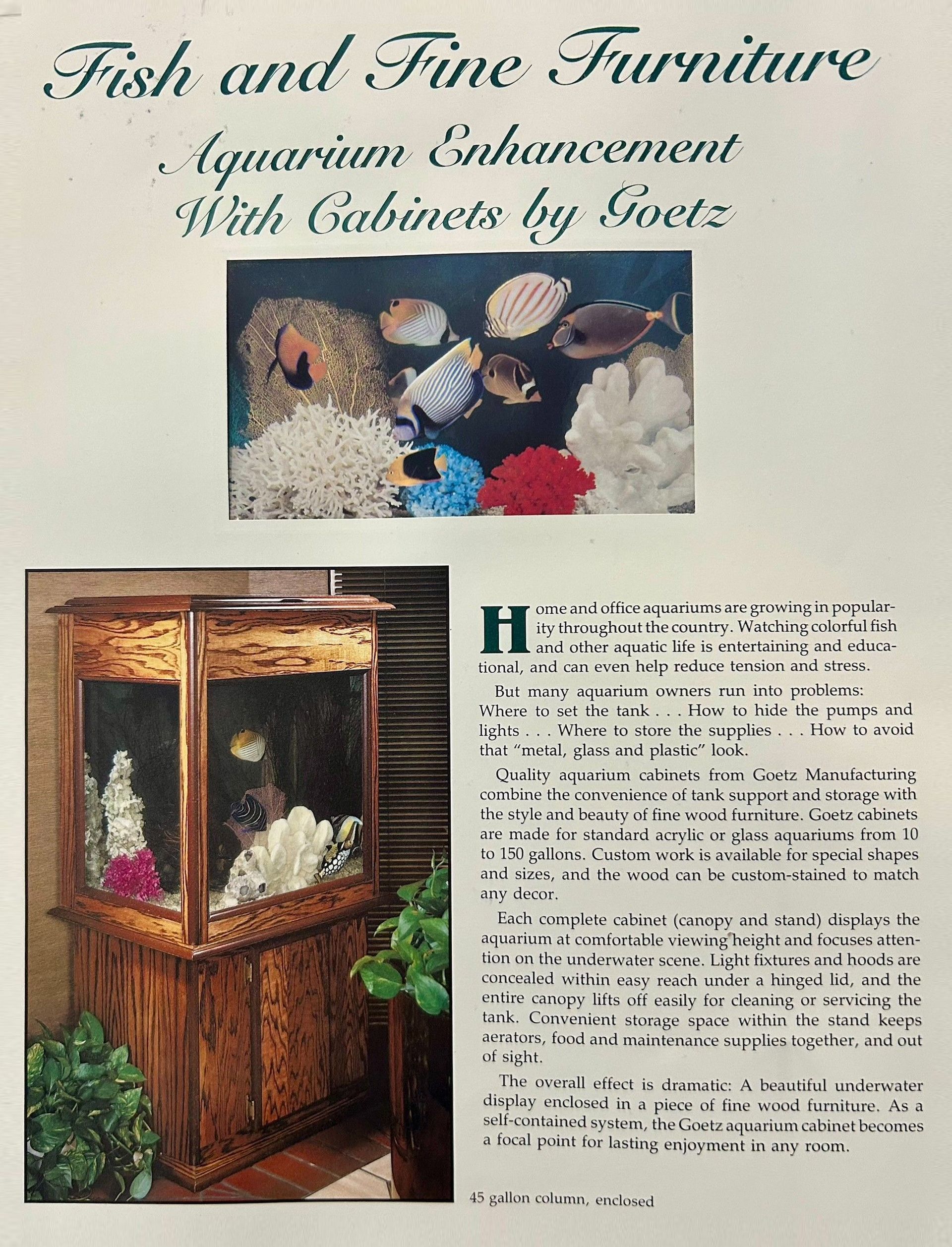 Advertisement for aquarium cabinets; features a wooden aquarium cabinet and a collection of colorful fish.