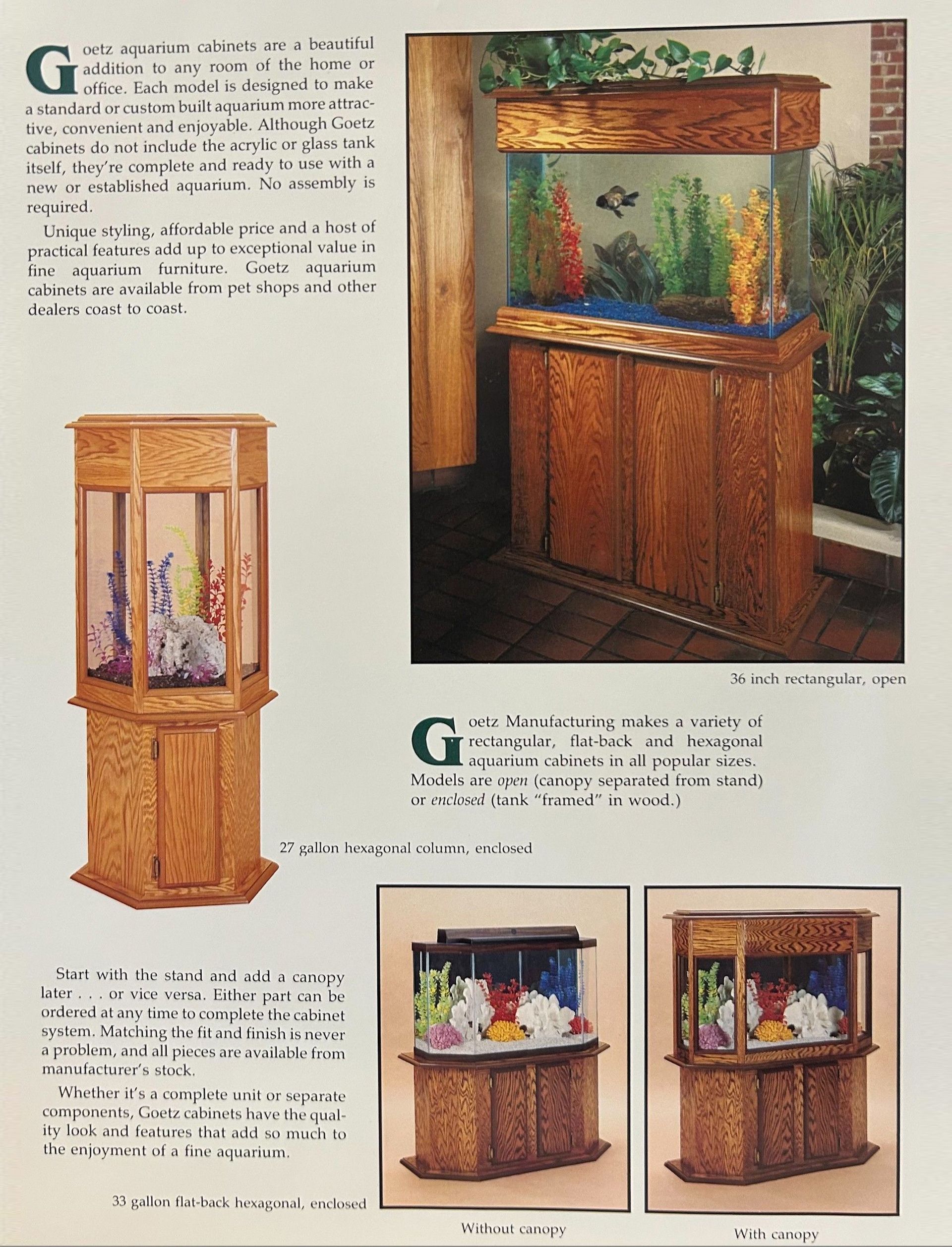 Wooden aquarium stands with built-in cabinetry, holding filled fish tanks with decorations and fish.