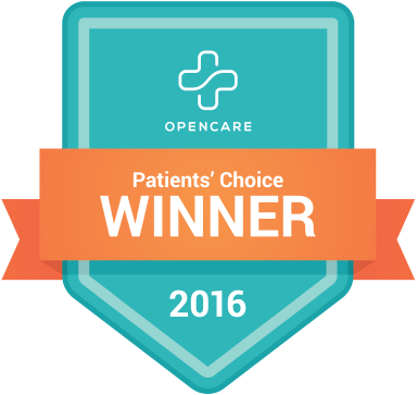 Opencare Patients' Choice Winner badge, teal and orange with a cross icon. 2016.