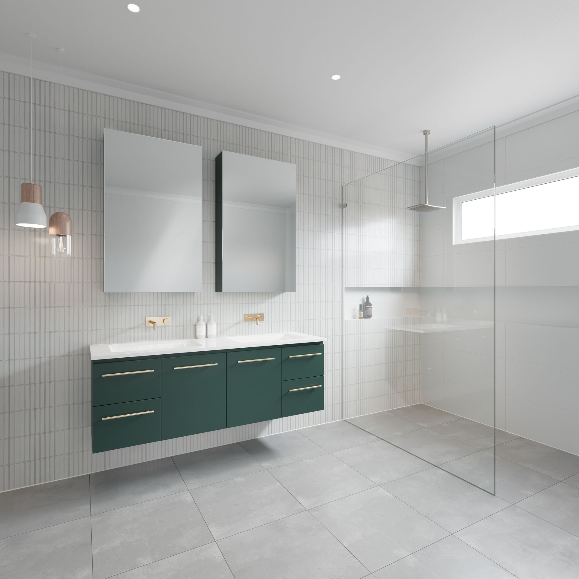A bathroom with a sink, mirror, and walk-in shower
