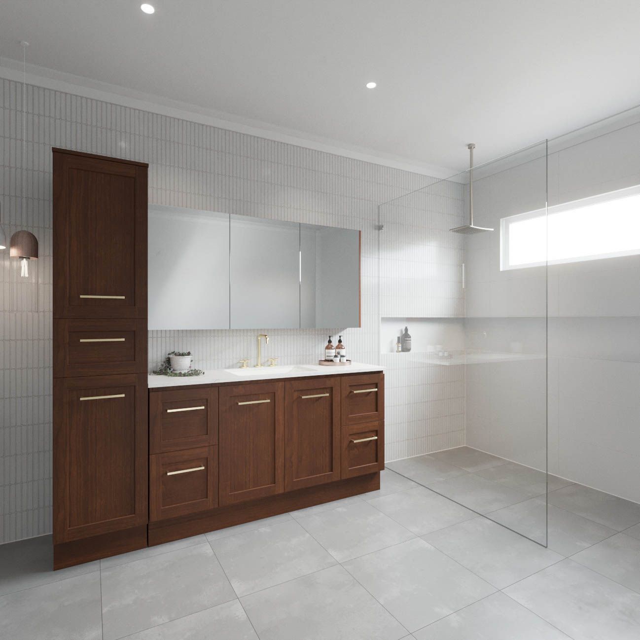 A bathroom with a walk-in shower and a sink.