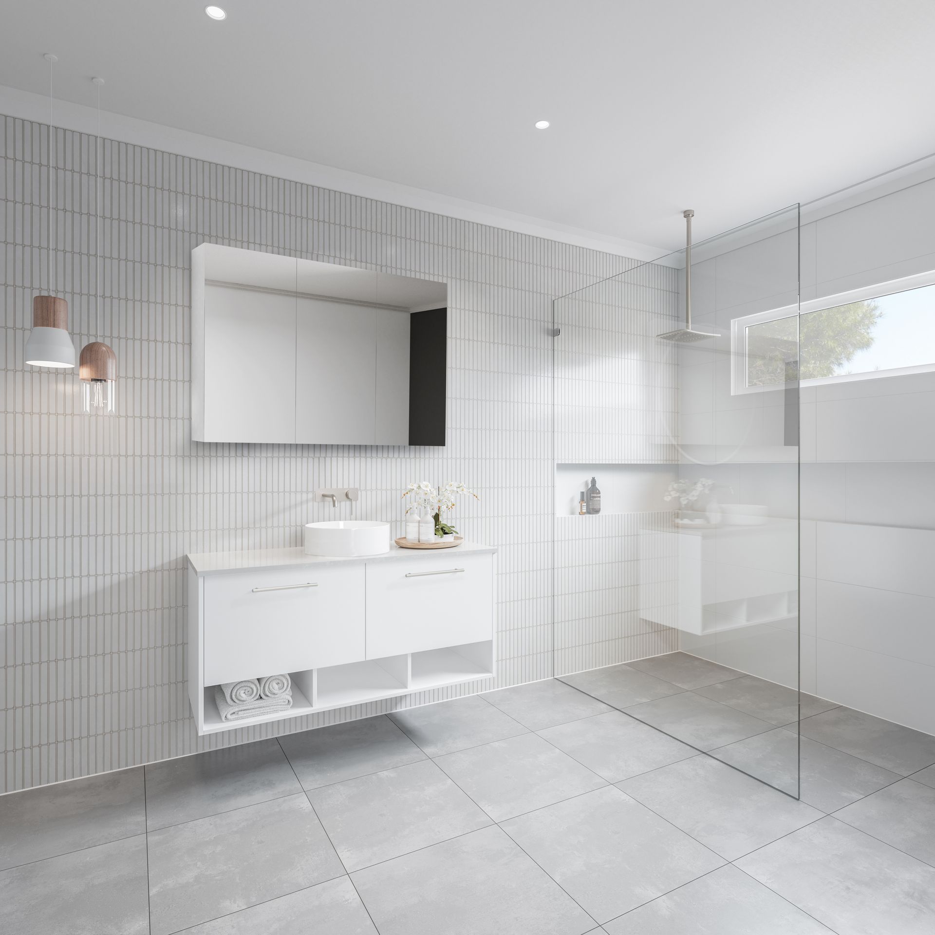 A bathroom with a sink, mirror, and walk-in shower.