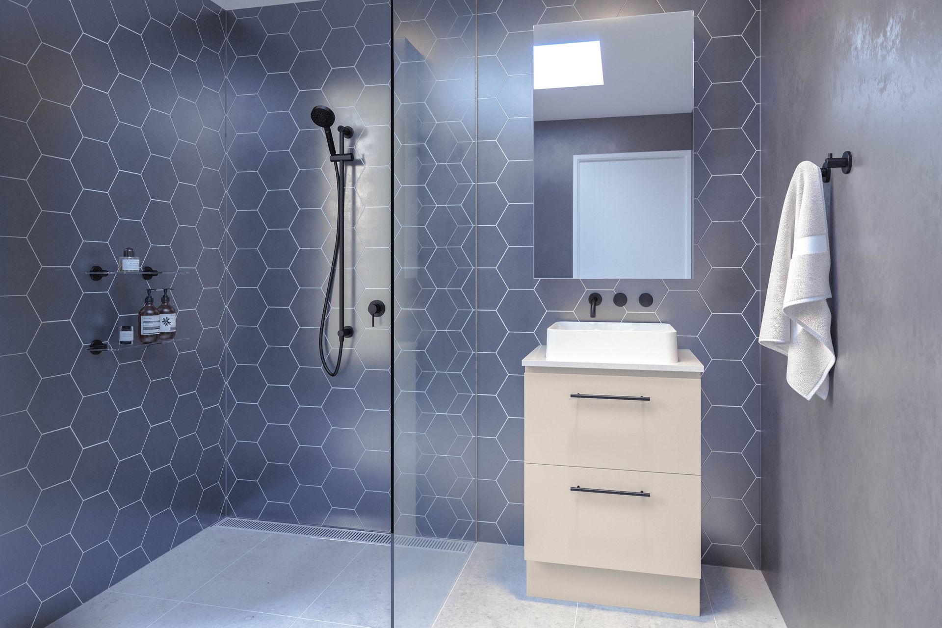 A bathroom with a sink, mirror, and shower.