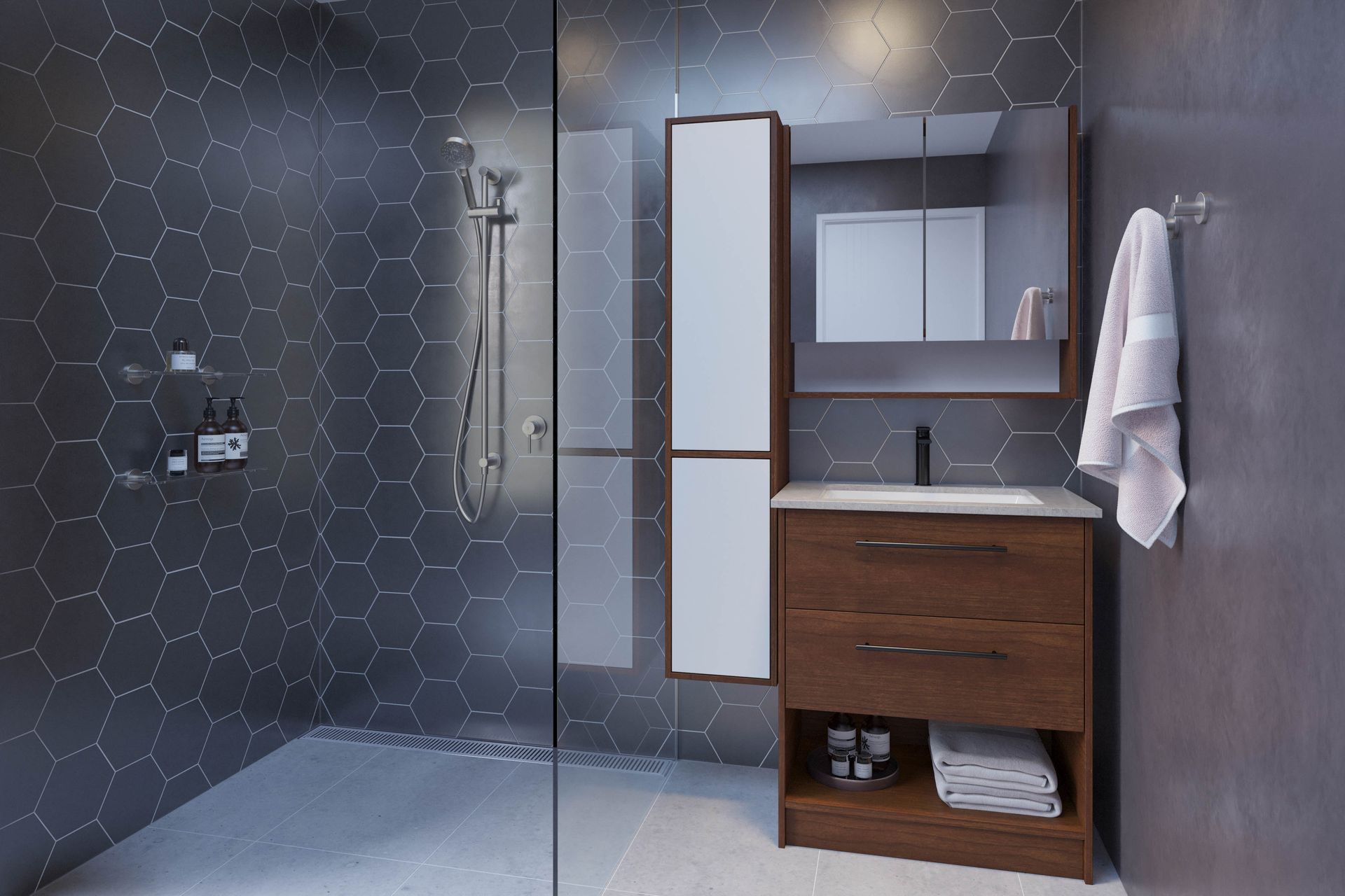 A bathroom with a sink and a walk in shower