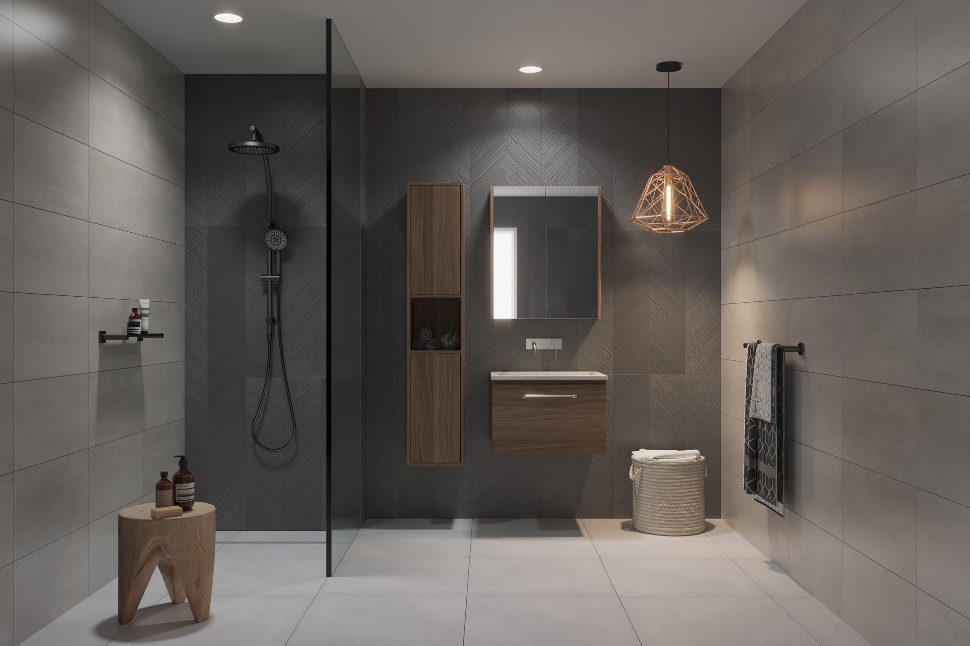A bathroom with a walk-in shower, sink, mirror, and stool.