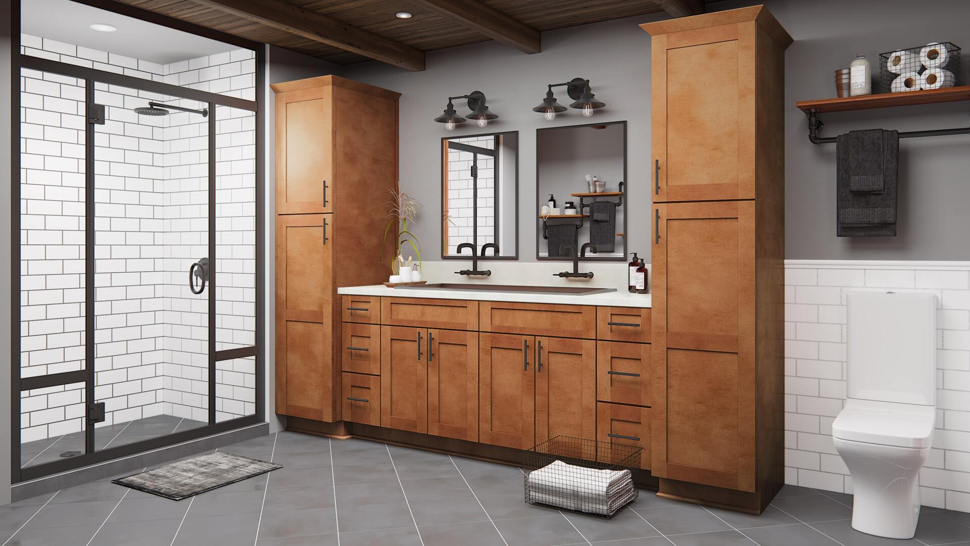 A bathroom with wooden cabinets, a toilet, and a shower stall.