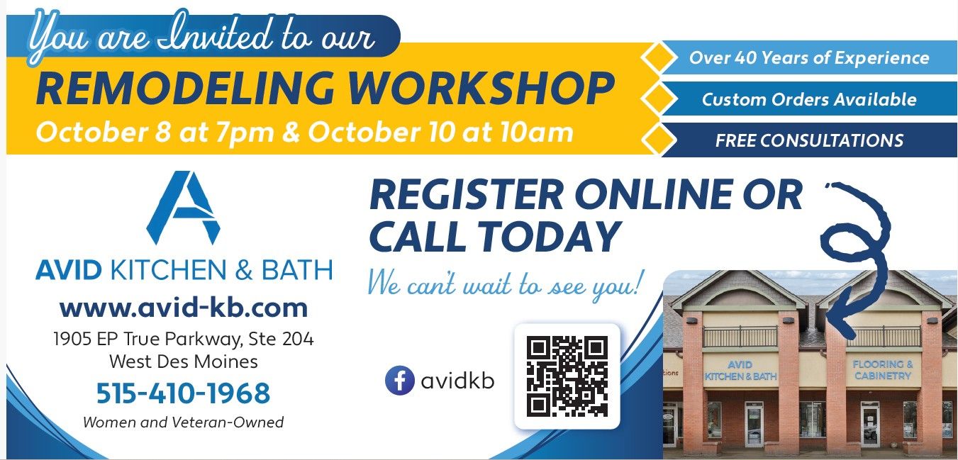Avid Kitchen & Bath remodeling workshop flyer with QR code, phone number, and home exterior image