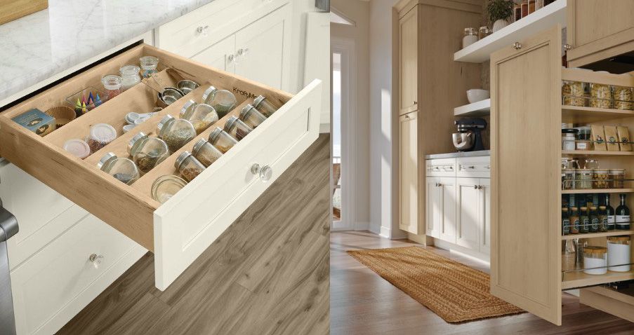 A split-screen showing a kitchen drawer filled with spice jars and a narrow pull-out pantry shelf in a light wood kitchen.