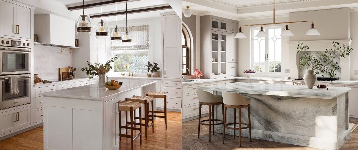 Two bright, modern kitchen interiors side-by-side, each featuring a large central island, pendant lighting, and stools.